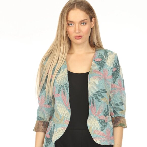 Blue Textured Leaf Print Blazer - Picture 1 of 5